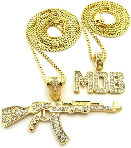 Shiny Jewelers USA Juego de collar de cadena con colgante para hombre, pistola AK 47 picador pulgar, vida, Metal, Circonia cúbica