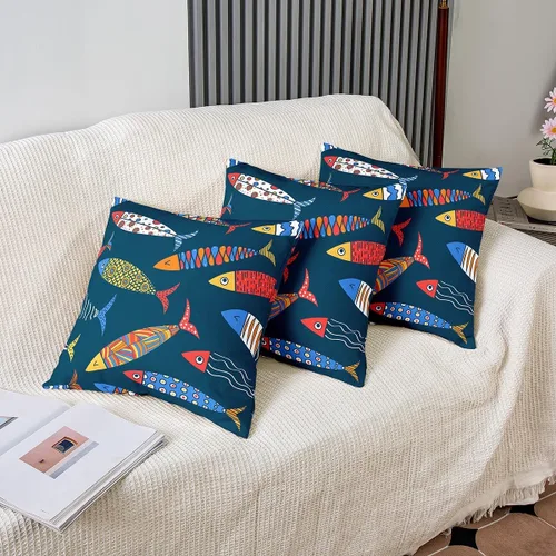 Miniatura 3 de Juego de 2 fundas de almohada de animales marinos de 16 x 16 pulgadas, fundas de almohada decorativas de peces aztecas arco iris, fundas de almohada