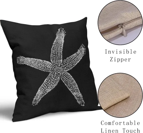 Miniatura 4 de Sweetshow Juego de 2 fundas de almohada cuadradas de lino con estrellas de mar negras de 16 x 16 pulgadas, decoración náutica costera de playa