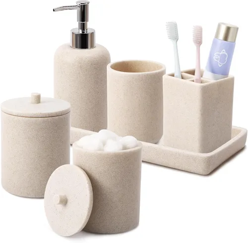 Juego de baño de resina de 6 piezas color beige completo con soporte para cepillos de dientes, dispensador de jabón de loción, 2 dispensadores de