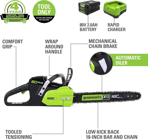 Miniatura 2 de Greenworks Motosierra inalámbrica sin escobillas de 80 V y 18 pulgadas (ideal para tala de árboles, ramas, poda y leña) / más de 75 herramientas