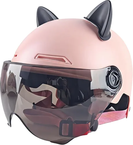 Casco vintage para motocicleta para adultos, con visera solar, diseño retro con orejas de gato, casco de ciclomotor ligero abierto para hombres y