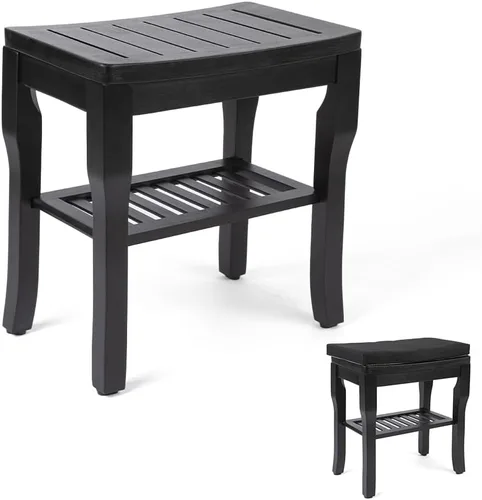 Miniatura 7 de StrongTek Banco de ducha de bambú con cojín, taburete de ducha con estante de almacenamiento, ligero, antideslizante, diseño de drenaje rápido