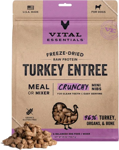 Vital Essentials - Comida para perros liofilizada cruda, trocitos crujientes de pavo mini | Comida completa o mezcladora | Comida para perros alta
