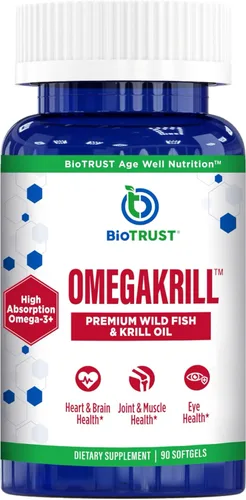 BioTrust OmegaKrill Suplemento Omega 3 EPA y DHA, aceite de pescado y krill para proporcionar apoyo para articulaciones, corazón, cerebro, ojos y