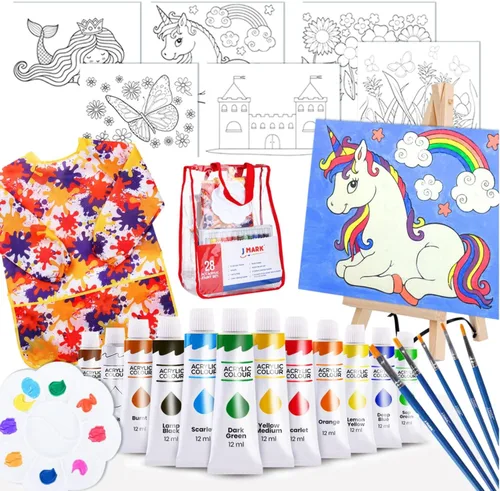 J MARK Kit de pintura acrílica para niños, tema de castillo de unicornio, juego de 28 piezas con caballete, lienzos, pinceles y más, de 4 a 12 años