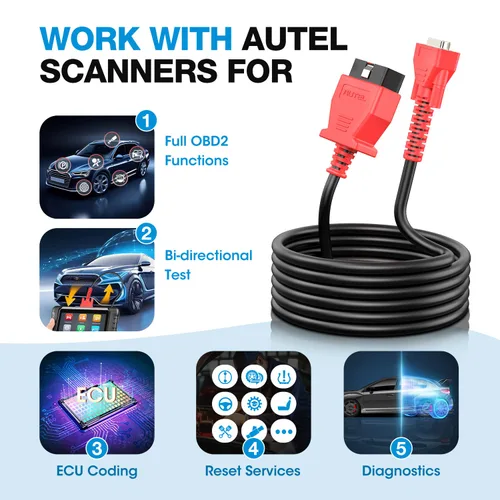 Miniatura 7 de Cable de prueba principal OBD2 Autel, original de 5.6 pies/1.7 metros, conector de prueba de diagnóstico OBDII de 16 pines DB15 compatible con serie