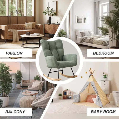 Miniatura 8 de Mecedora de cuarto de bebé con asiento deslizante tapizado en estilo oso de peluche, con respaldo alto, sillón acento con cómodo bolsillo lateral