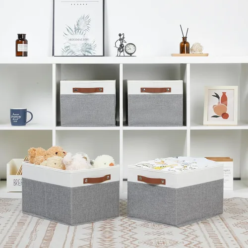 Miniatura 2 de Bidtakay Paquete de 4 cestas de almacenamiento plegables de tela para organizar 15 x 11 x 9.5 pulgadas, color blanco y gris claro