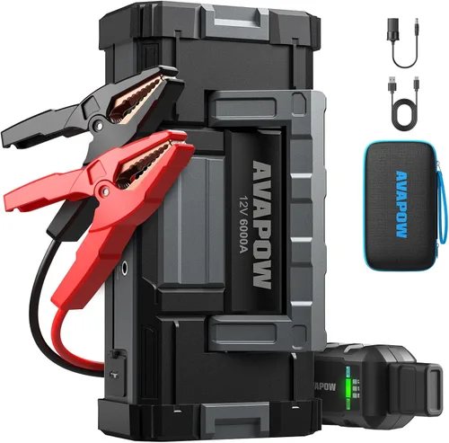 Arrancador de 6000 A de AVAPOW (para todos los motores de gasolina o hasta 12 L de diésel) Arrancador de batería con carga rápida USB dual y salida