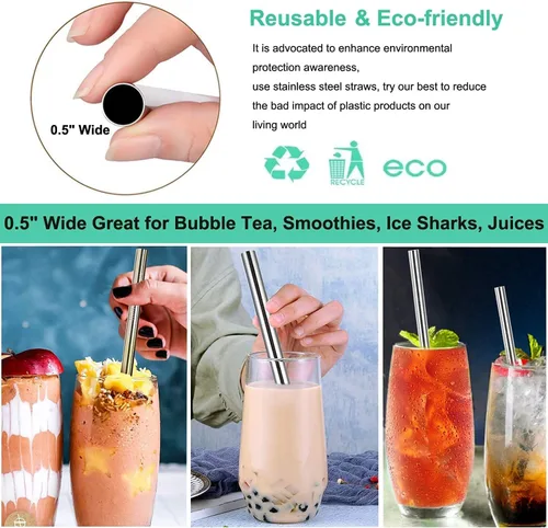 Vinaco Pajitas reutilizables para batidos y batidos, acero inoxidable de 0.5 pulgadas de ancho, 10.5 pulgadas y 8.5 pulgadas de largo, paquete de 4