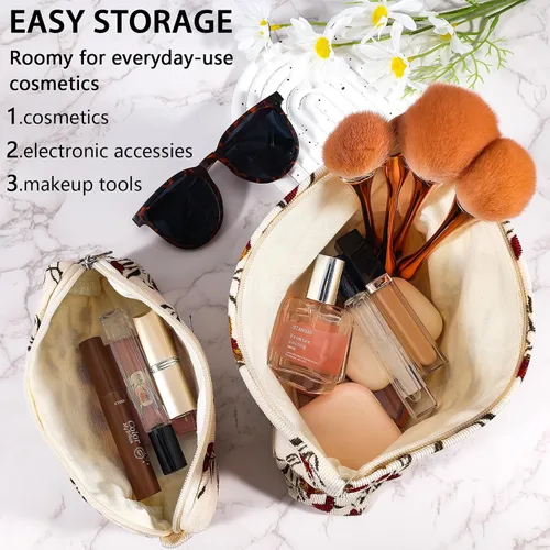 Miniatura 2 de Juego de 2 bolsas de maquillaje de flores con diseño floral para viajes para mujeres y niñas, bolsa de maquillaje grande con cremallera pequeña