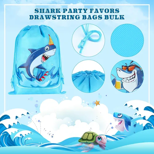 Miniatura 4 de Woanger 24 bolsas con cordón para fiesta de tiburones para niños, bolsas de regalo de fiesta de tiburón, a granel, no tejidas, con cordón, dulces