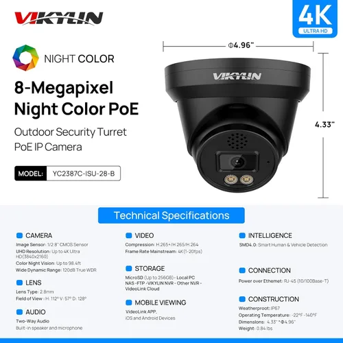 Miniatura 9 de VIKYLIN Cámara IP PoE a todo color 4K 8MP, cámara de torreta PoE 4K para exteriores con detección de humanos y vehículos, conversación de 2 vías