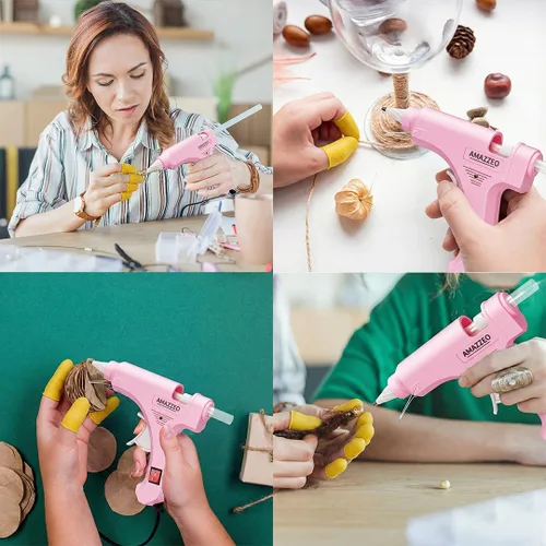 Miniatura 7 de Juego de mini pistola de pegamento caliente y palos de 40 piezas con 5 dedos tapas de seguridad – Pistola de uso doméstico y niños, pistola de Rosa