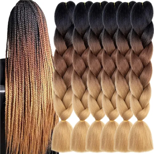 Miniatura 13 de 3 paquetes de extensiones de cabello sintético para trenzar de color negro a azul, tamaño jumbo ombré, de 24 pulgadas o trenzas de ganchillo