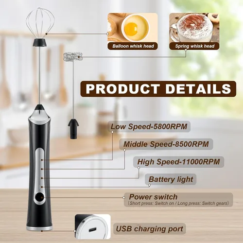 Miniatura 3 de Espumador de leche eléctrico de mano con 2 cabezas, batidor de café con espuma recargable por USB de 3 velocidades, licuadora de espuma para café