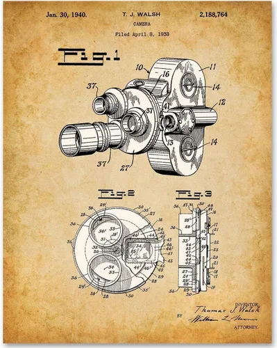 Patente de cámara de película de película, póster clásico de cine, sala de cine y decoración de sala de director de cine, regalo para fotógrafos y