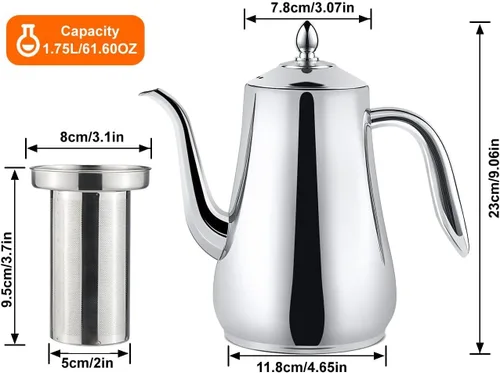 Miniatura 2 de SANQIAHOME Tetera de acero inoxidable con colador, tetera con infusor extraíble o filtro para hojas sueltas y bolsas de té, jarra de agua fría