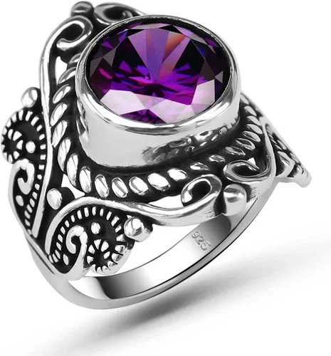 Anillo de filigrana de plata de ley 925 genuina con forma redonda, circonita cúbica de corte brillante, piedra de color amatista morado, declaración