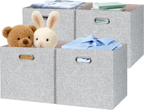 Miniatura 32 de Posprica Cubos de almacenamiento plegables, 11 x 11 x 11 pulgadas, contenedores de tela, 4 unidades, color beige