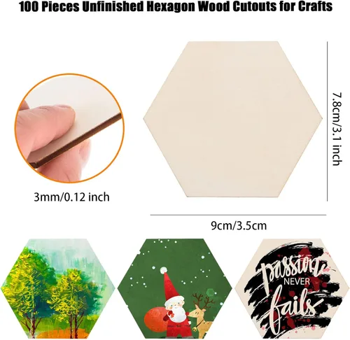 Miniatura 2 de 100 piezas de madera hexagonal sin terminar, recortes de madera en blanco con forma de hexágono, losas de madera natural, recortes