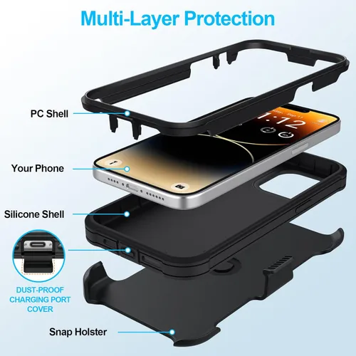 Miniatura 7 de Funda con clip para cinturón compatible con iPhone 12 Defender con soporte giratorio de 360°, protección resistente anticaídas y golpes, color negro