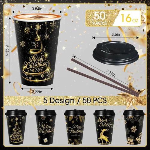 Miniatura 2 de Uiifan Paquete de 50 Tazas de Café Navideñas de 16 oz a Granel Negras Doradas con Copos de Nieve Tazas Desechables Tazas de Papel Feliz Navidad