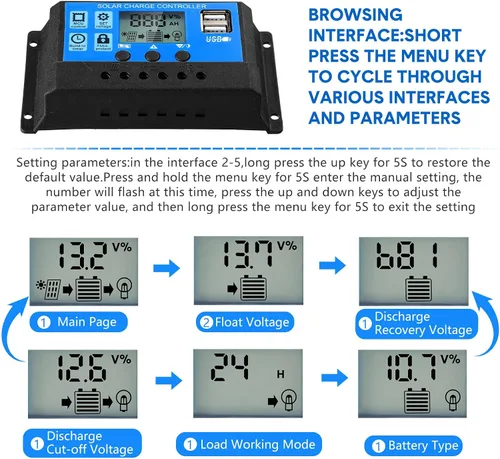 Miniatura 4 de Controlador de batería solar de 12 V/24 V, controlador de carga de panel solar de tierra, regulador de control de panel solar con pantalla LCD