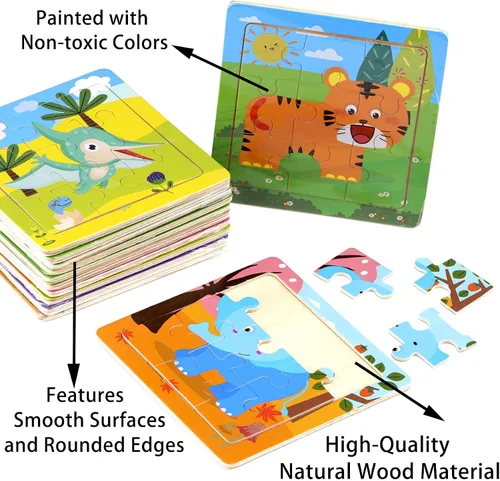 Miniatura 6 de Paquete de 12 mini rompecabezas de animales de madera para niños de 3 años en adelante, 9 piezas, juguetes educativos de viaje Bonitos recuerdos
