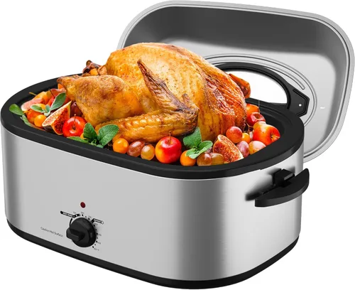 Miniatura 32 de Sunvivi Horno asador eléctrico con tapa visible, horno asador de pavo de 24 cuartos de galón con sartén y estante extraíbles, acero inoxidable