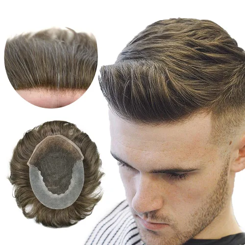 Miniatura 30 de Tupé para hombres 100% europeos unidades de cabello humano francés sistema de cabello de encaje con nudos blanqueados, línea capilar natural para #5