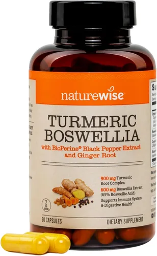 NatureWise Suplemento de cúrcuma Boswellia con BioPerine y raíz de jengibre orgánica, cúrcuma orgánica de 900 mg + extracto de boswellia de 600 mg -