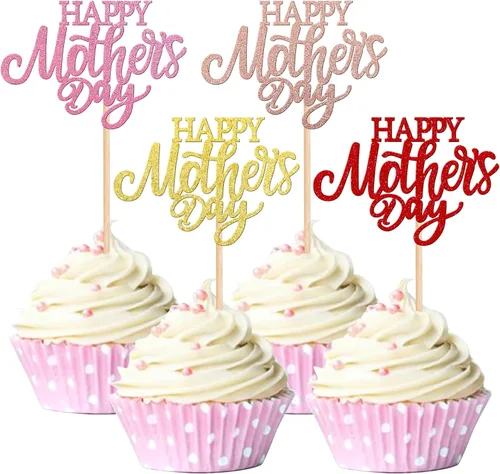 Miniatura 25 de Rsstarxi 1 paquete de decoración para pastel con flores de purpurina con doble corazón Love Mom Best Mom Best Mom Cake Pick Decoraciones para feliz
