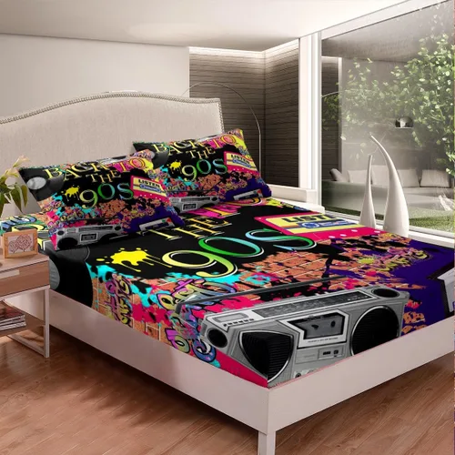 Miniatura 3 de Erosebridal Sábana bajera ajustable de moda de los años 90, tamaño individual para niños, adolescentes y adultos, sábanas de cama con cinta de radio
