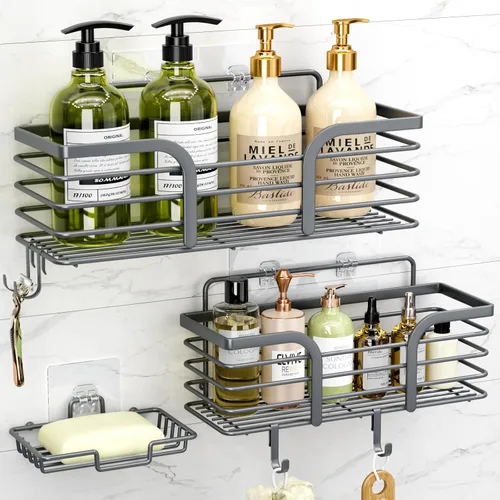 Miniatura 8 de Yougai Organizador de ducha con soporte para jabón y ganchos, estantes de ducha inoxidables, organizadores de baño sin perforaciones y Negro