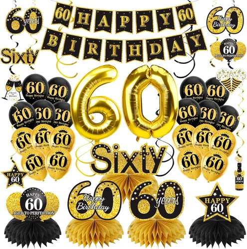 Turypaty Kit de 36 decoraciones de cumpleaños 60 para hombres y mujeres, globos de feliz cumpleaños de 60 años de color negro y dorado con diseño de