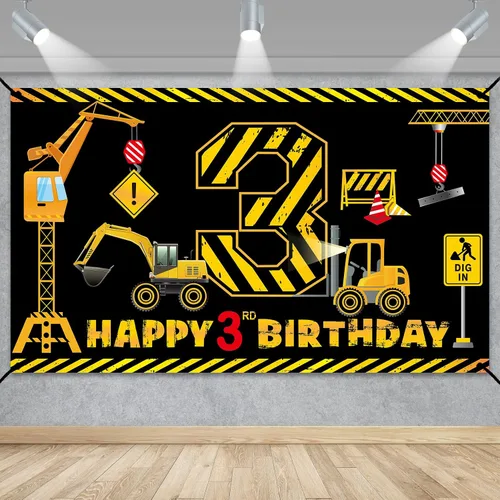 Miniatura 7 de Decoraciones de primer cumpleaños para niños, tema de excavadora y camión volquete, decoraciones de banner de primer cumpleaños, banner de Negro 1st