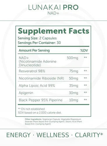 Miniatura 5 de Lunakai Fórmula NAD+ de doble vía fabricada en Estados Unidos con NR y resveratrol - Suplemento natural de NAD para mujeres y hombres