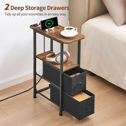 Miniatura 6 de DALEMHOME Mesa auxiliar estrecha con estación de carga, mesa auxiliar estrecha con cajón, mesita de noche pequeña con luz LED, mesita de noche Negro