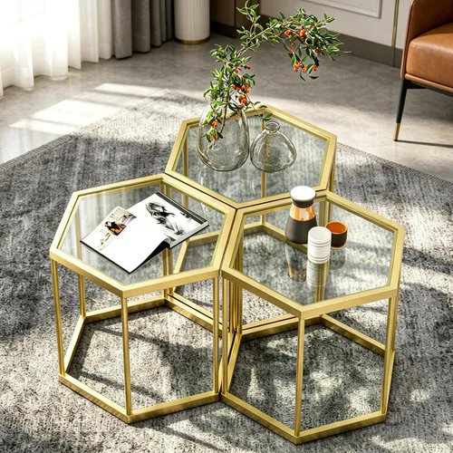 Miniatura 12 de Mesa auxiliar modular hexagonal, marco chapado en oro, parte superior de vidrio templado, mesa auxiliar geométrica, mesa anidable multiusos