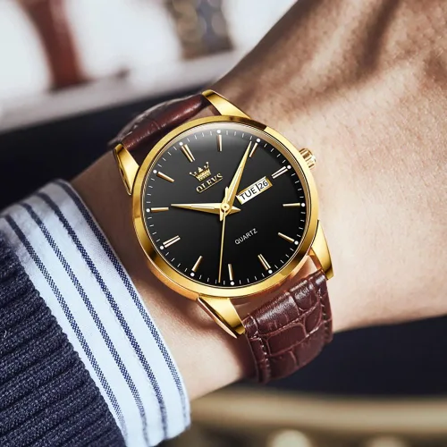 Miniatura 9 de OLEVS Reloj para hombres cronógrafo marrón cuero oro caso analógico cuarzo moda negocios vestido grande hombres reloj día fecha luminoso impermeable