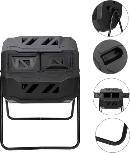 Miniatura 2 de Contenedor de compostaje para exteriores con doble cámara, giratorio de 43 galones, con puertas correderas y marco de acero, sin BPA, para jardín