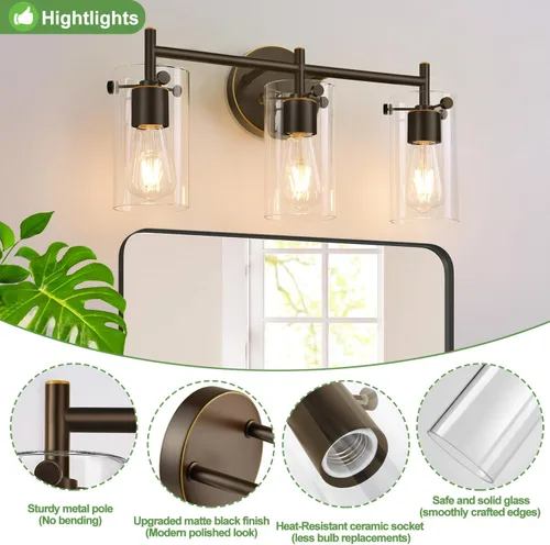 Miniatura 3 de Lámparas de baño de 3 luces actualización 2023, luces de tocador modernas de bronce frotado con aceite con pantalla de vidrio transparente, apliques