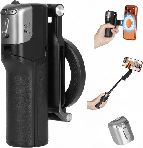 Magnetic Mini Selfie Stick Tripod for iPhone & Android, 19" Pocket Size 4-in-1 Phone Camera Grip with Rechargeable Remote & Ergonomic Handle, for
