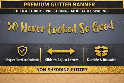 Miniatura 8 de Cartel dorado con purpurina preencordada de 50 "Never Looked So Good", decoraciones de cumpleaños 50 y aniversario para hombres y mujeres