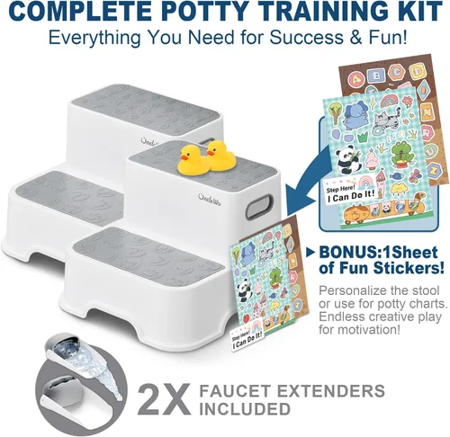 Miniatura 2 de Paquete de 2 taburetes para niños, taburete antideslizante para lavabo de baño y entrenamiento para ir al baño, resistente de 200 libras, incluye