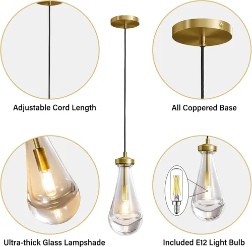 Miniatura 7 de Lámparas colgantes de latón, luces colgantes de cristal, isla de cocina, lámpara de gota de lluvia para comedor, dormitorio, baño, incluye bombilla