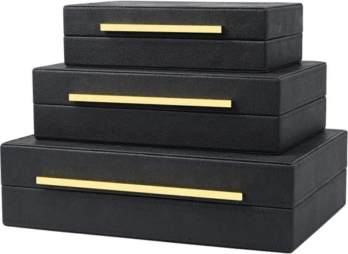 Caja Negra Shagreen de Cuero Sintético, Juego de 3 Piezas Cajas Decorativas de Almacenamiento, Cajas Decorativas Modernas Apilables con Tapas para
