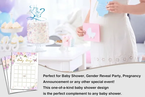 Miniatura 4 de Juegos de baby shower para niñas, juego de bingo de mariposa púrpura para baby shower, decoraciones florales moradas para fiestas de revelación